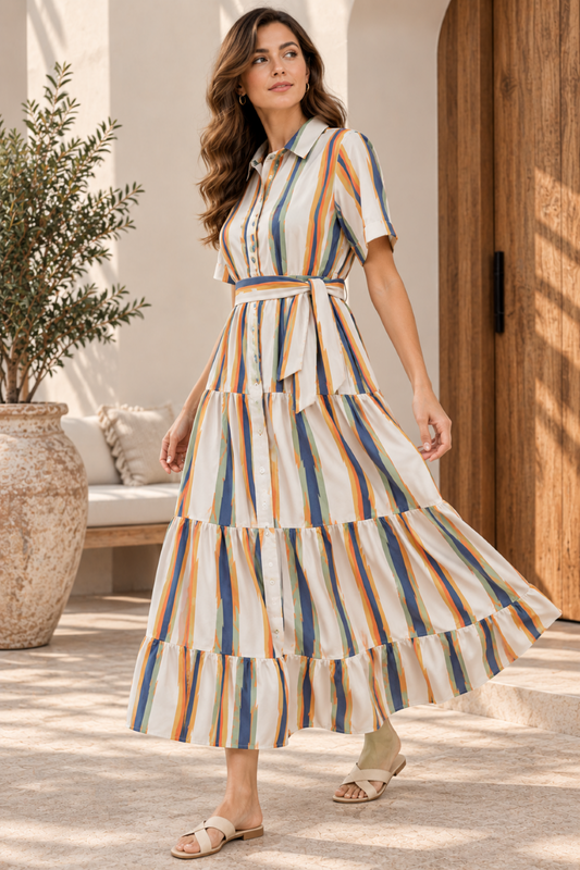 Women's Multicolor Striped Short Sleeve Midi Shirt Dress