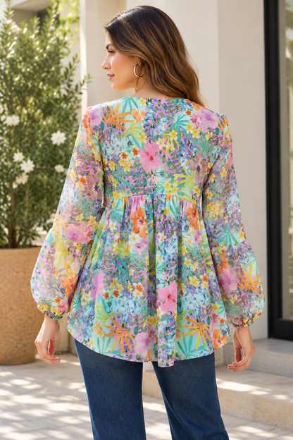 Party Bishop Sleeve Floral Print Women Multicolor Top