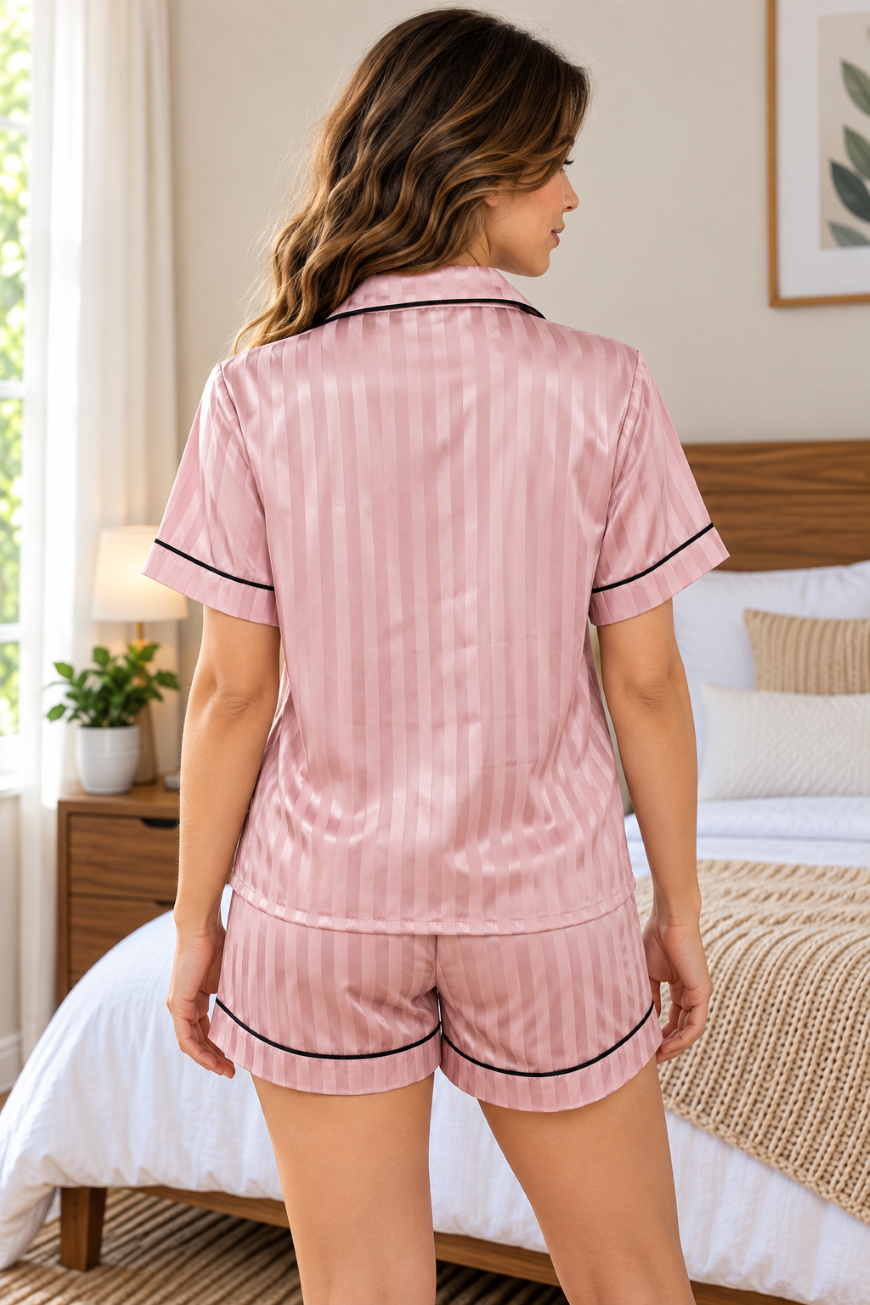 Women Top & Shorts Set Pink Striped