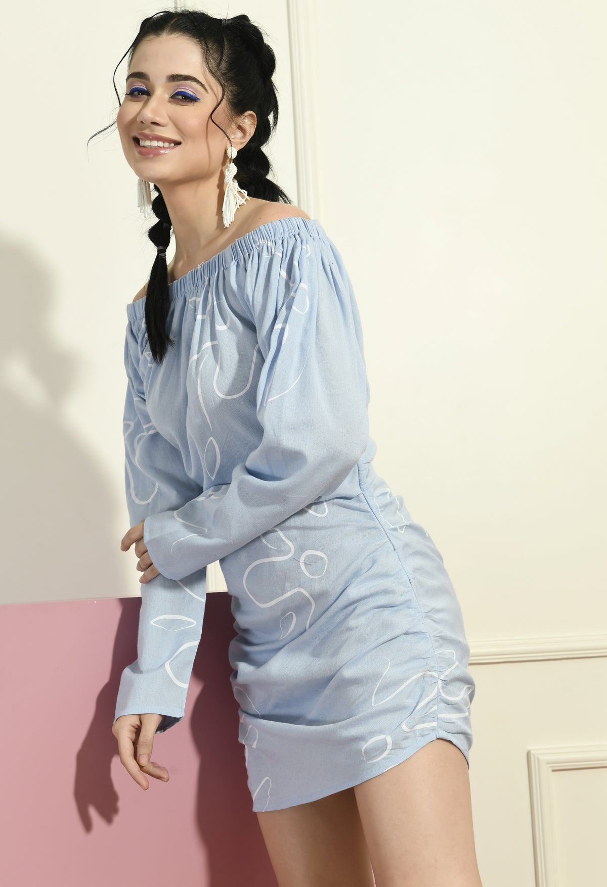 Women Bodycon Light Blue, White Mini/Short Dress