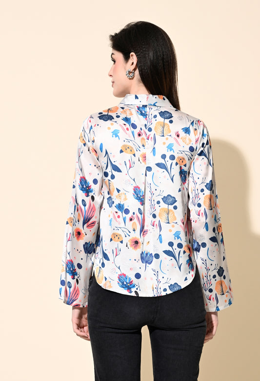 Party Bell Sleeves Printed Women White Top