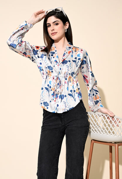Party Bell Sleeves Printed Women White Top