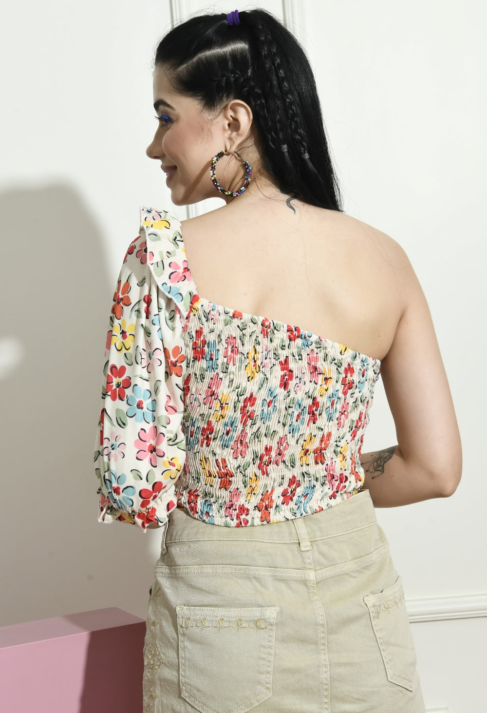 Casual One Shoulder Sleeves Printed Women Multicolor Top