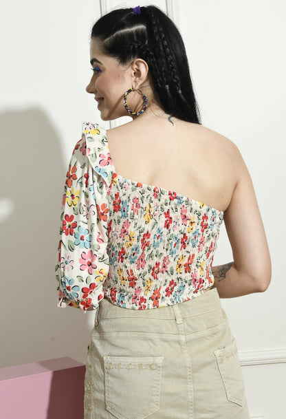 Casual One Shoulder Sleeves Printed Women Multicolor Top