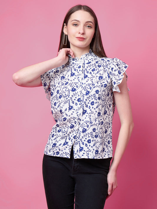Casual Flutter Sleeves Floral Print, Printed Women Blue Top