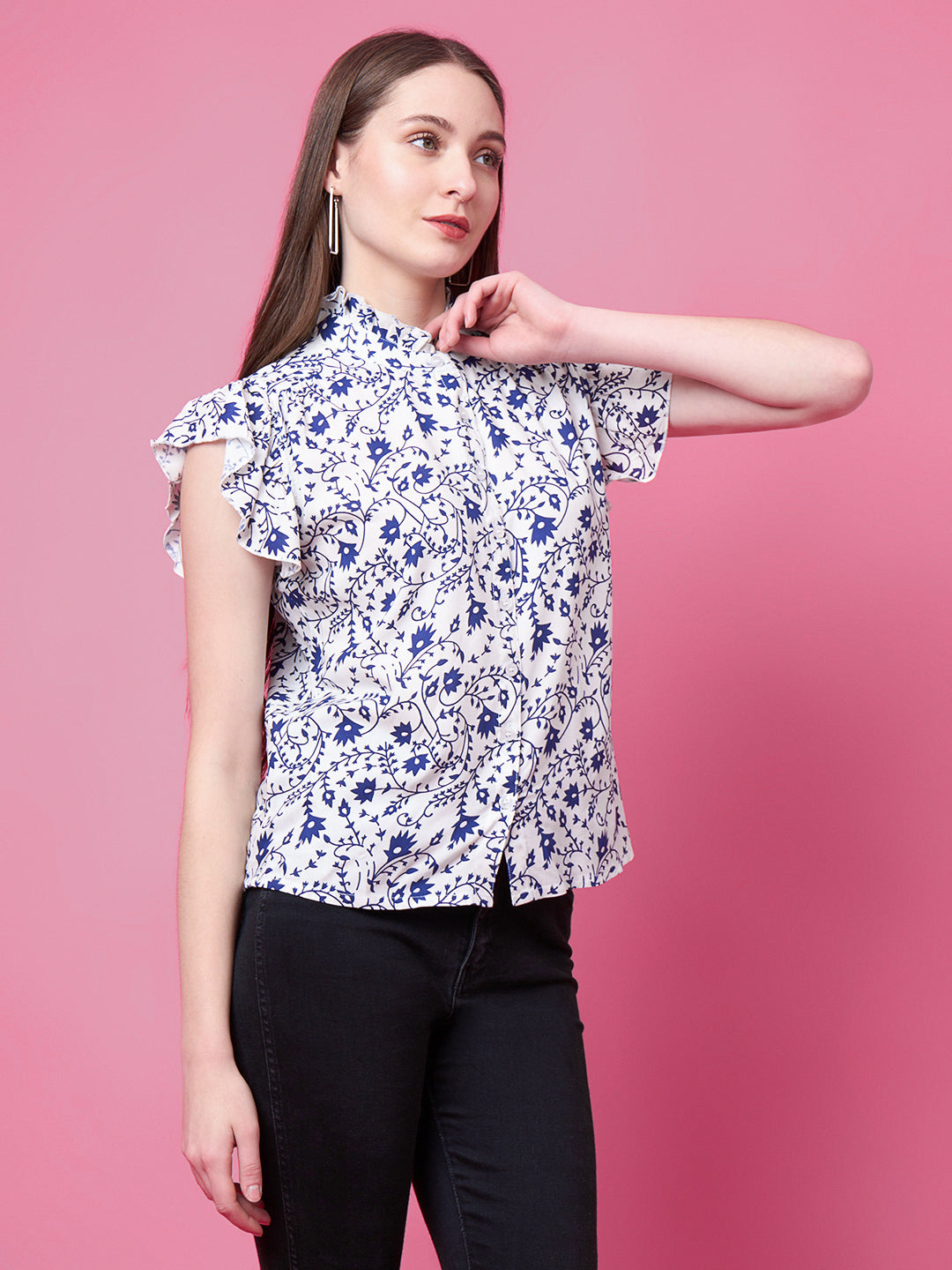 Casual Flutter Sleeves Floral Print, Printed Women Blue Top