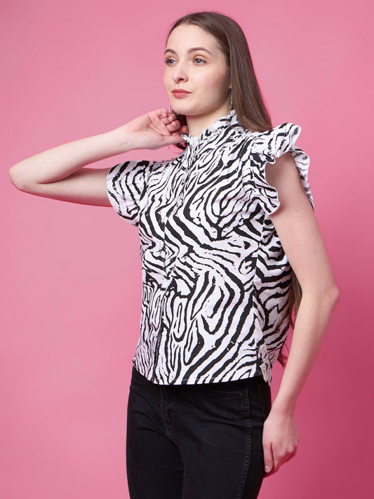 Party Ruffled Sleeves Animal Print, Printed Women White, Black Top