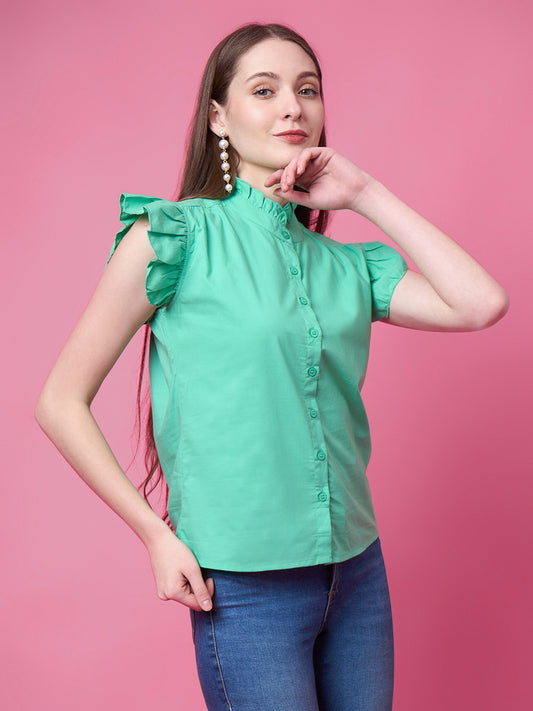 Casual Ruffled Sleeves Solid Women Green Top