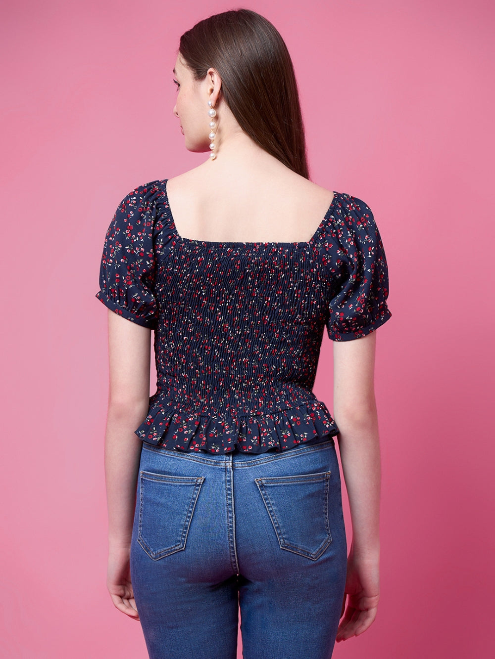 Casual Puff Sleeves Floral Print, Printed Women Blue Top