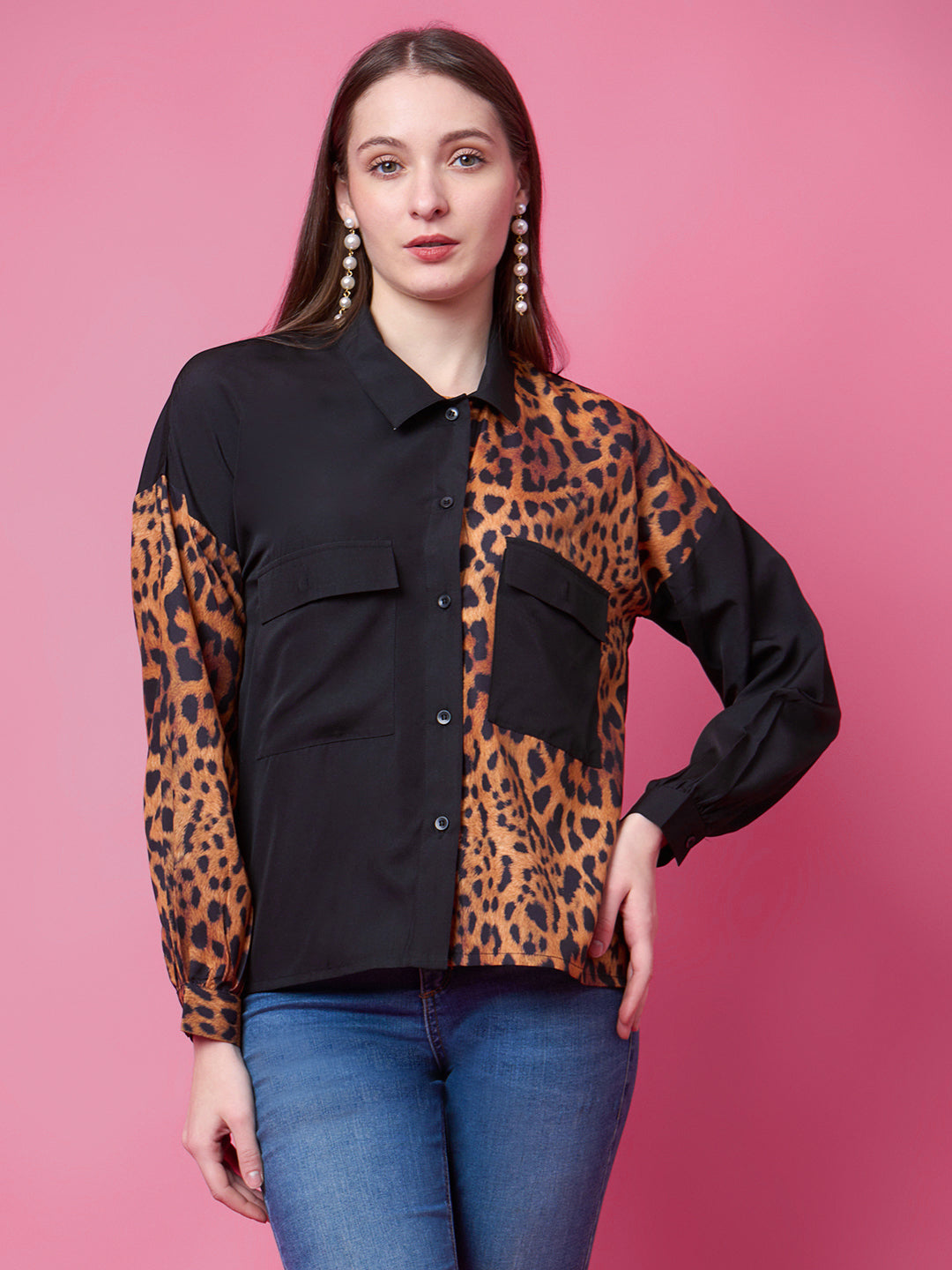 Women Regular Fit Printed Collarless Collar Party Shirt