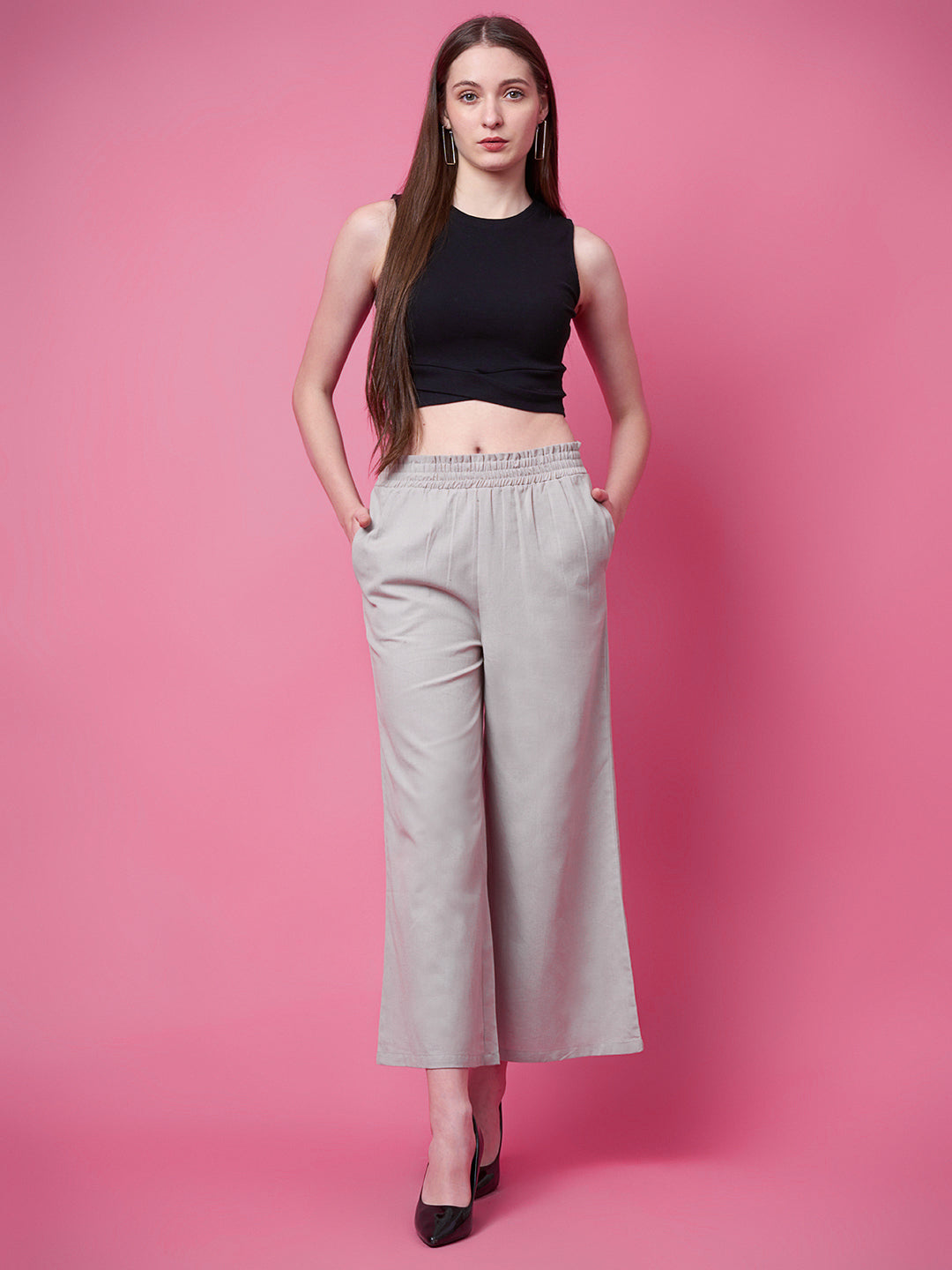 Women Flared Grey Pure Cotton Trousers