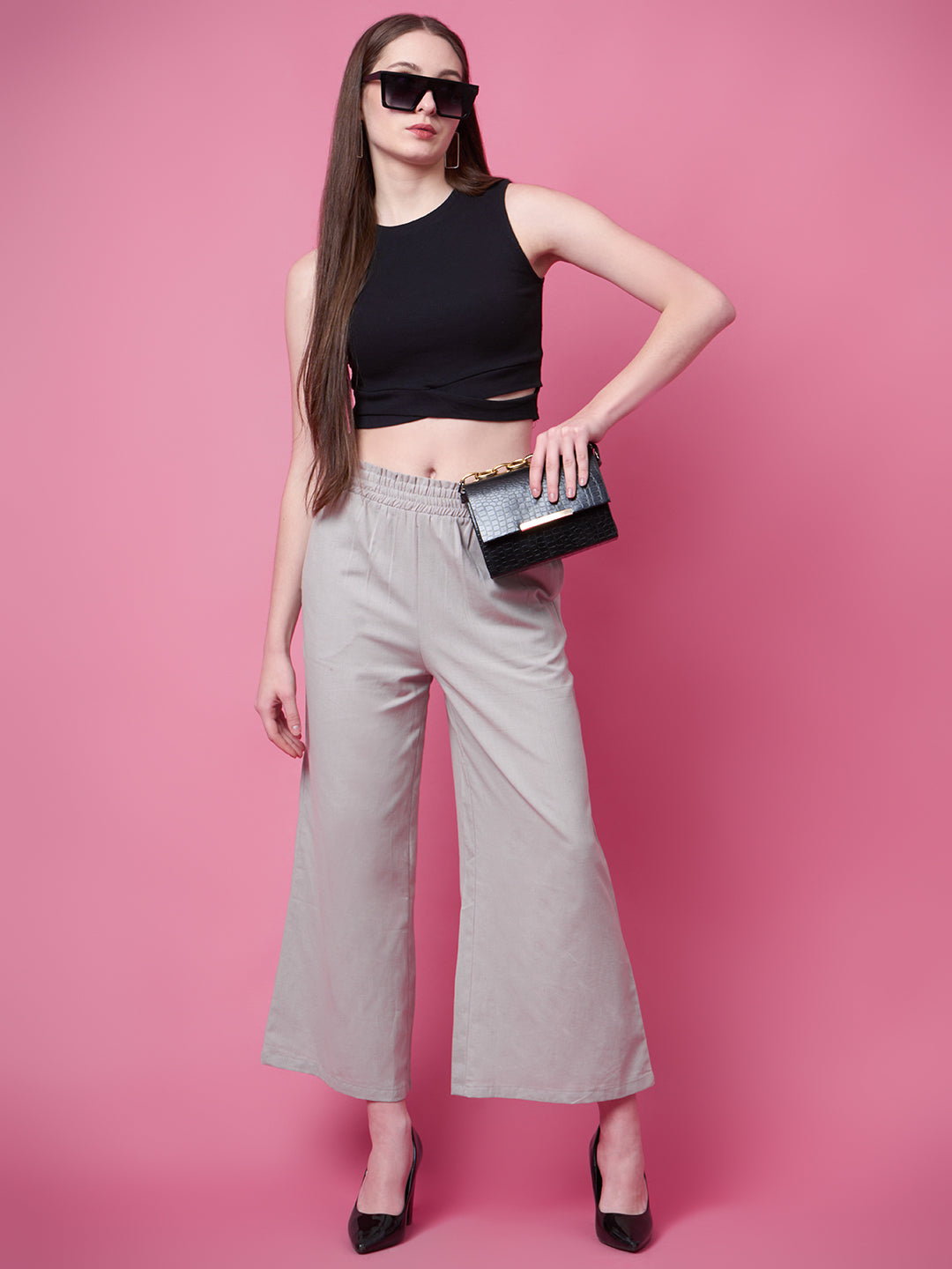 Women Flared Grey Pure Cotton Trousers