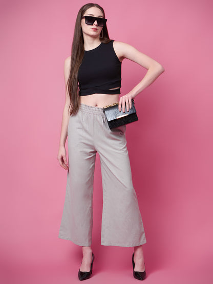 Women Flared Grey Pure Cotton Trousers