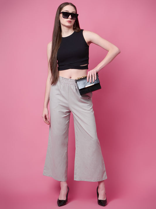 Women Flared Grey Pure Cotton Trousers