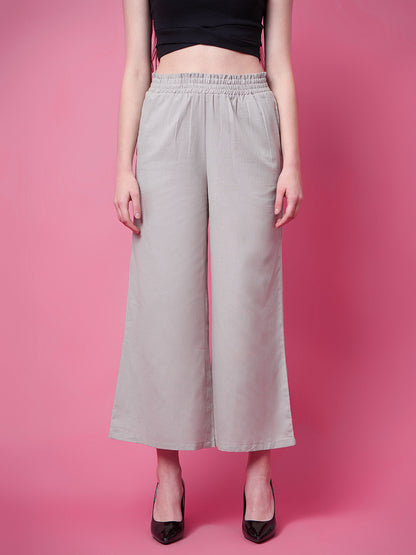 Women Flared Grey Pure Cotton Trousers