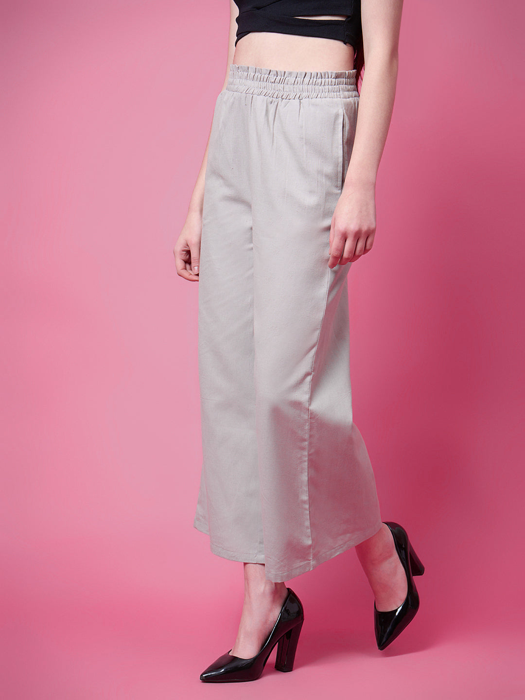 Women Flared Grey Pure Cotton Trousers
