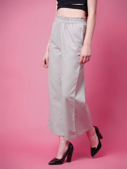 Women Flared Grey Pure Cotton Trousers