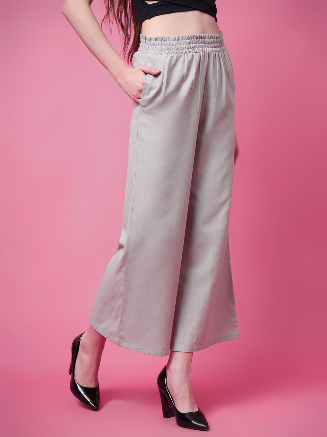 Women Flared Grey Pure Cotton Trousers
