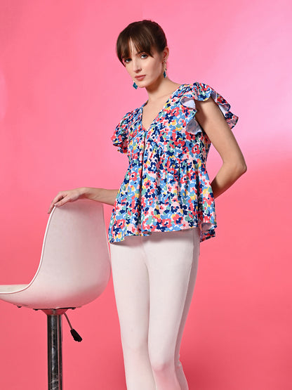 Women's Floral Flutter Sleeve Peplum Top