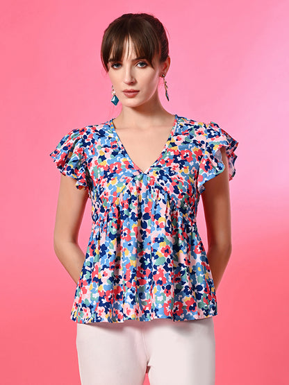 Women's Floral Flutter Sleeve Peplum Top