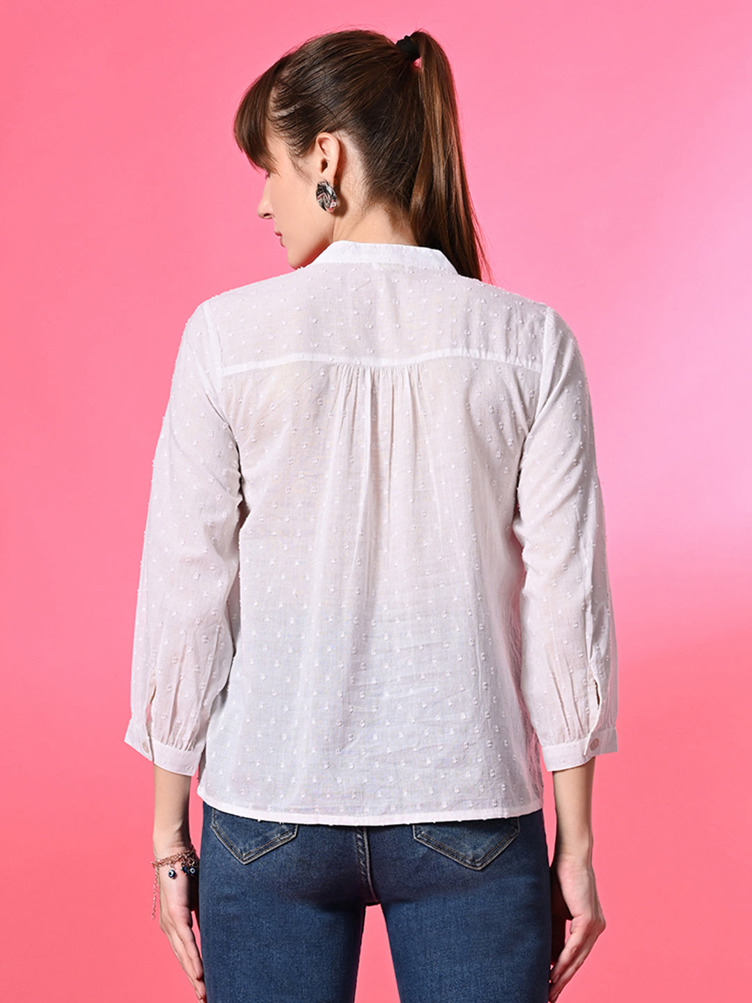 Casual Cuffed Sleeves Self Design Women White Top