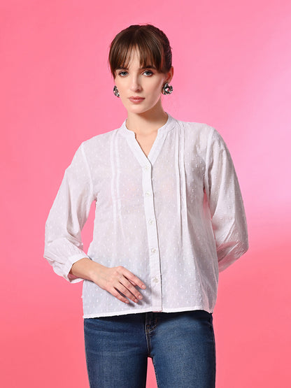Casual Cuffed Sleeves Self Design Women White Top