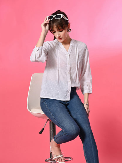 Casual Cuffed Sleeves Self Design Women White Top