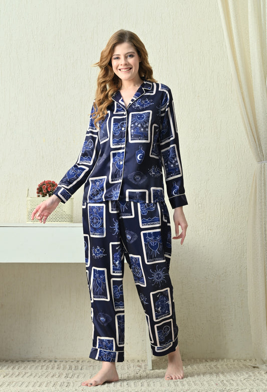 Women's Blue Printed Satin Shirt & Pyjama Night Suit Set