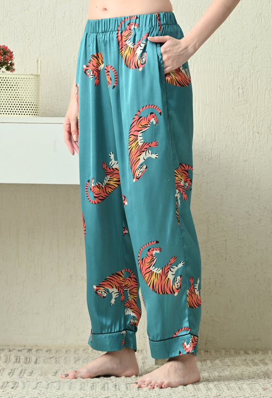 Women's Green Animal Print Satin Shirt & Pyjama Night Suit Set