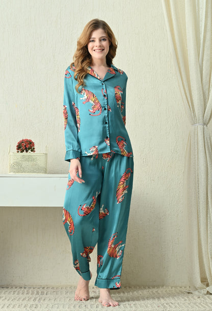 Women Shirt & Pyjama set Green Animal Print