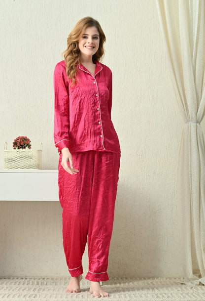 Women Shirt & Pyjama set Pink Solid