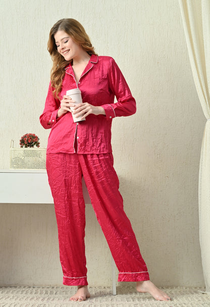 Women Shirt & Pyjama set Pink Solid