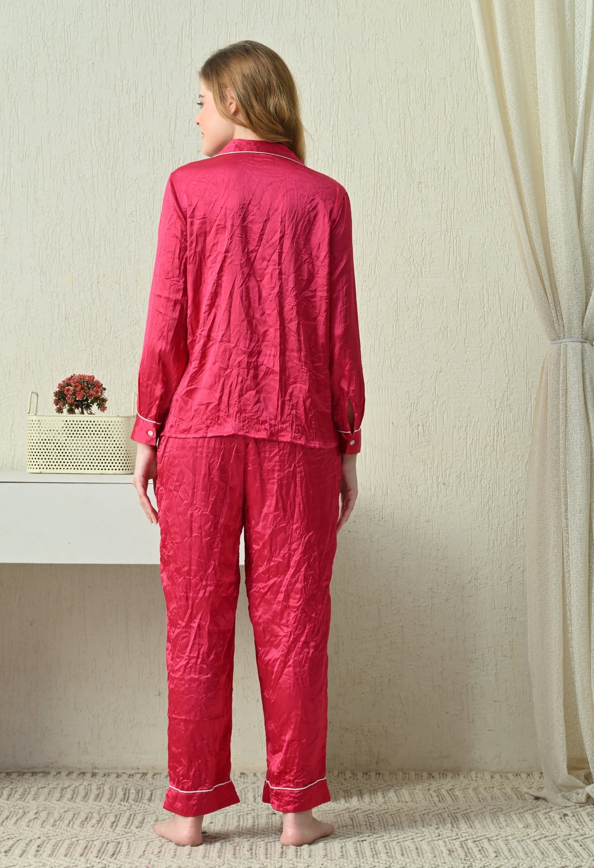 Women Shirt & Pyjama set Pink Solid