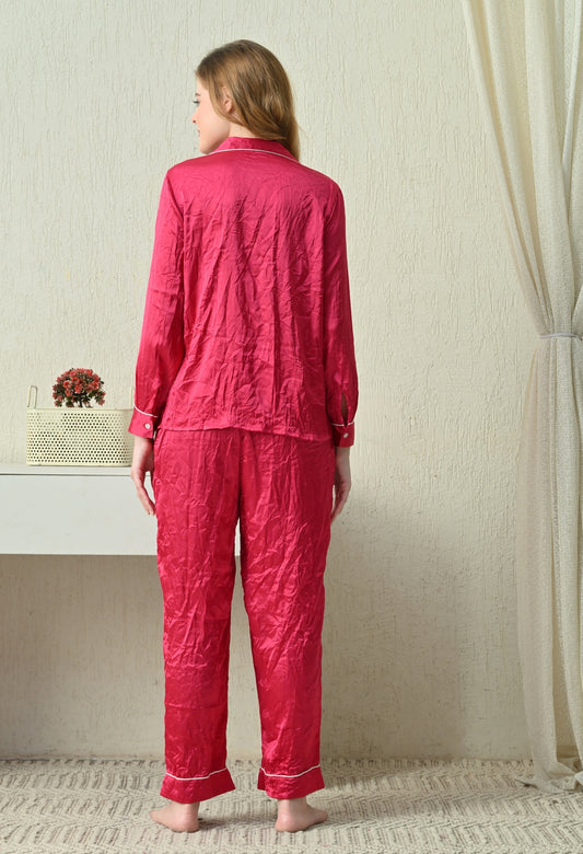 Women's Pink Solid Satin Shirt & Pyjama Night Suit Set