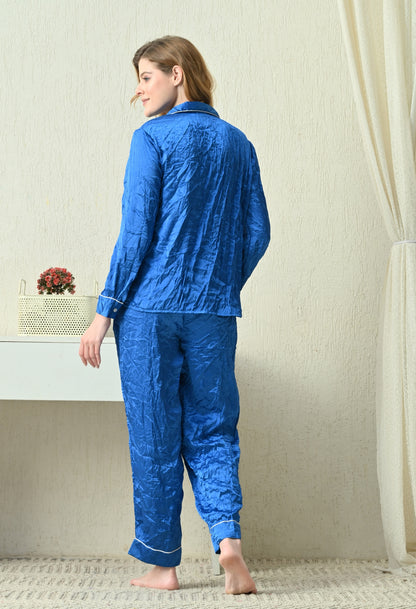 Women Shirt & Pyjama set Blue Solid