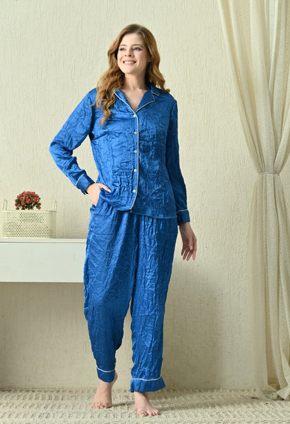 Women Shirt & Pyjama set Blue Solid