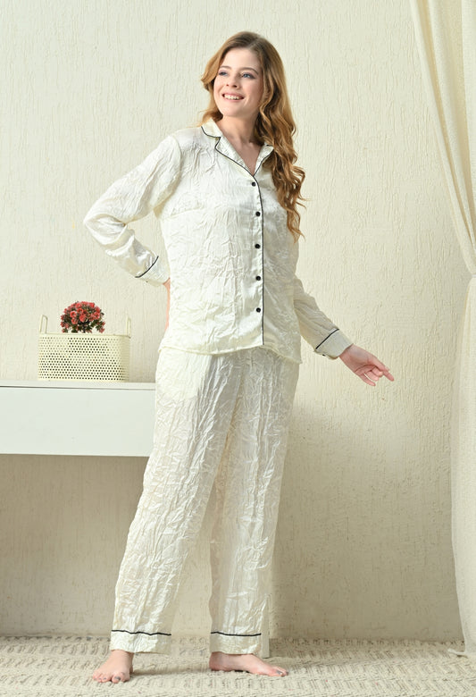 Women's White Printed Satin Shirt & Pyjama Night Suit Set