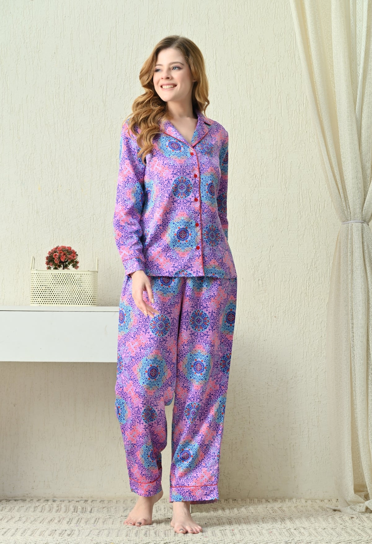 Women Shirt & Pyjama set Multicolor Geometric Print