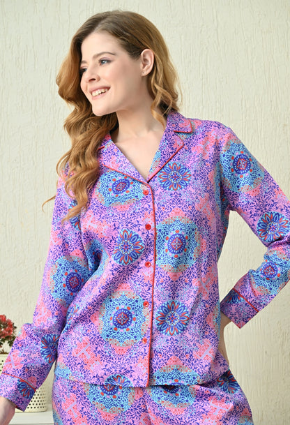 Women Shirt & Pyjama set Multicolor Geometric Print