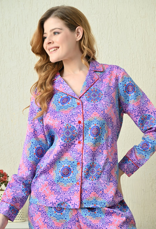 Women's Multicolor Geometric Print Shirt & Pyjama Night Suit Set