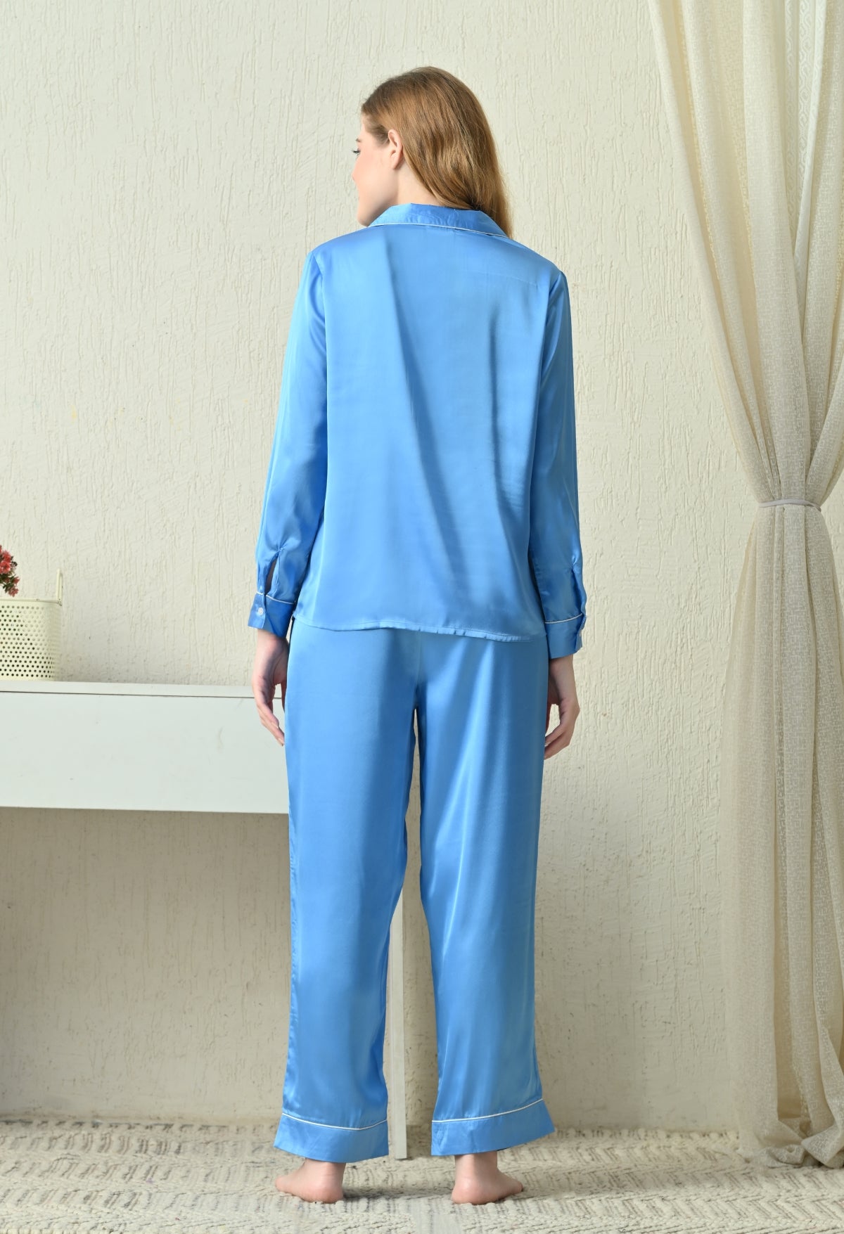 Women Shirt & Pyjama set Blue Solid