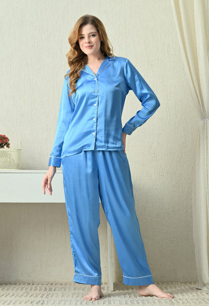 Women Shirt & Pyjama set Blue Solid