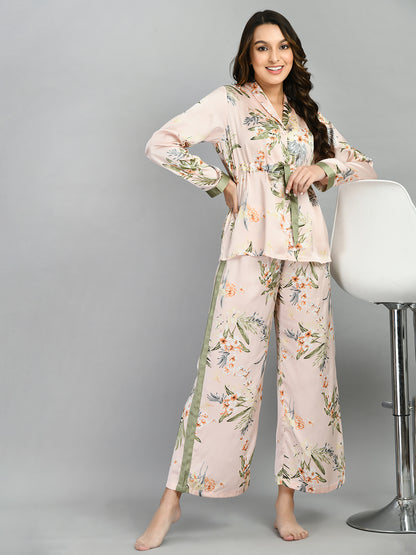 Women Shirt & Pyjama set Pink Printed
