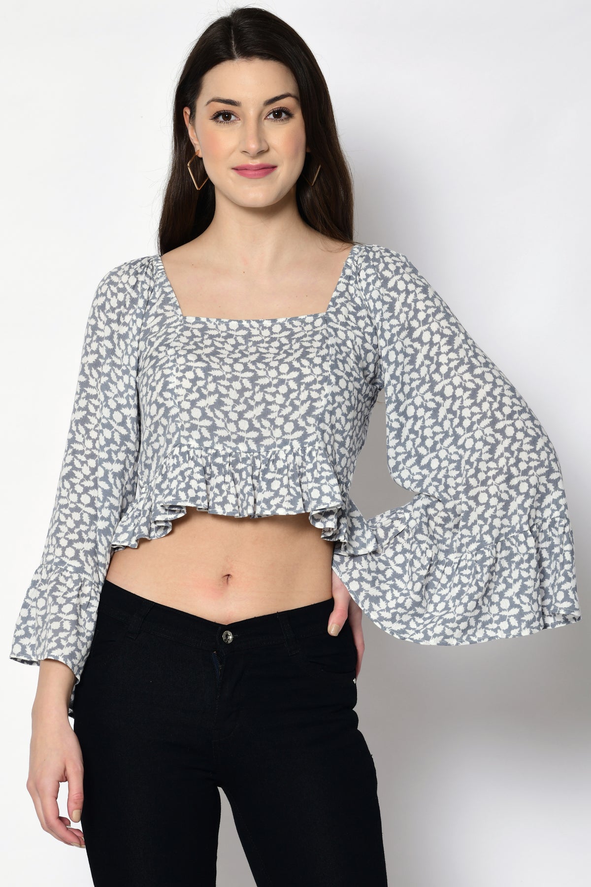 Casual Regular Sleeves Floral Print Women Grey Top