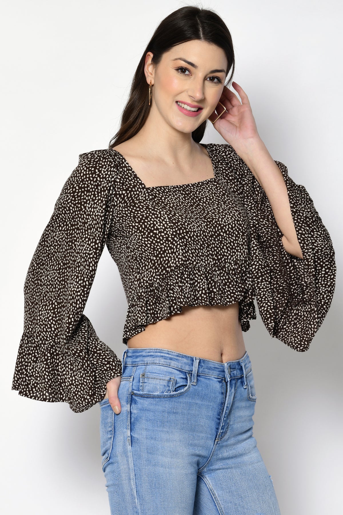 Casual Bell Sleeves Printed Women Brown Top