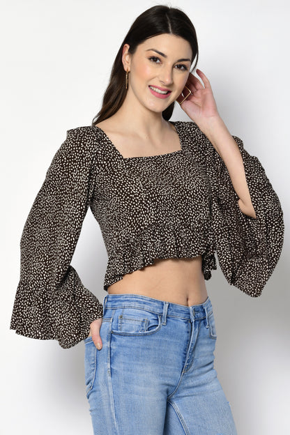 Casual Bell Sleeves Printed Women Brown Top