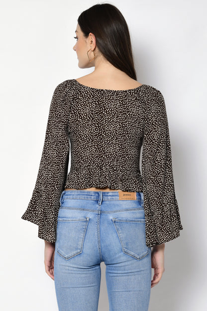 Casual Bell Sleeves Printed Women Brown Top