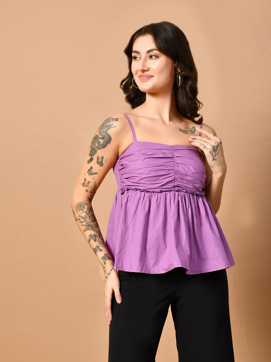 Casual Noodle Straps Solid Women Purple Top