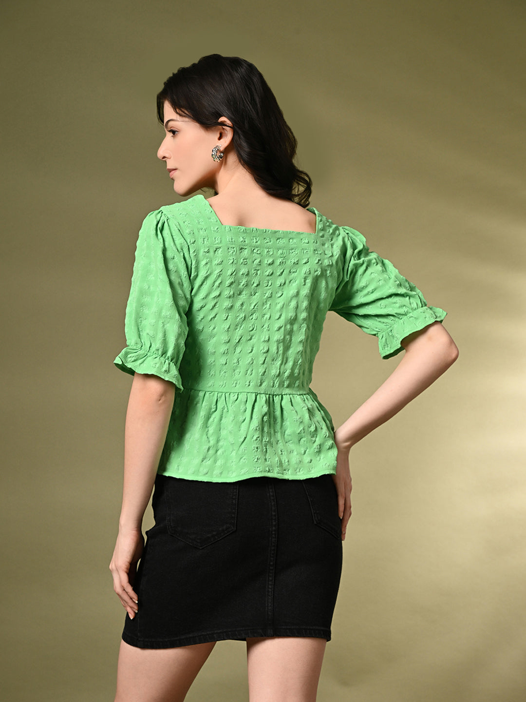 Casual Puff Sleeves Self Design Women Green Top