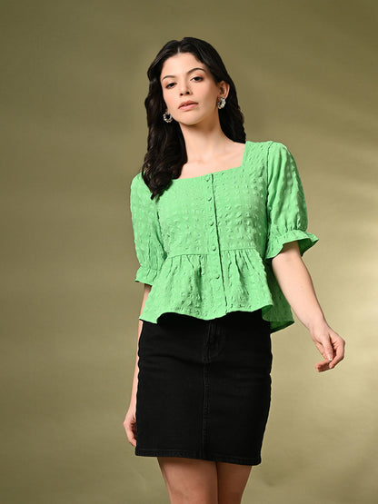 Casual Puff Sleeves Self Design Women Green Top